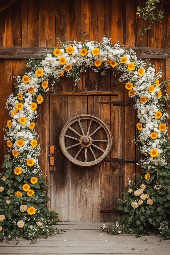 Vintage Wagon Wheel Gate with Floral Garland