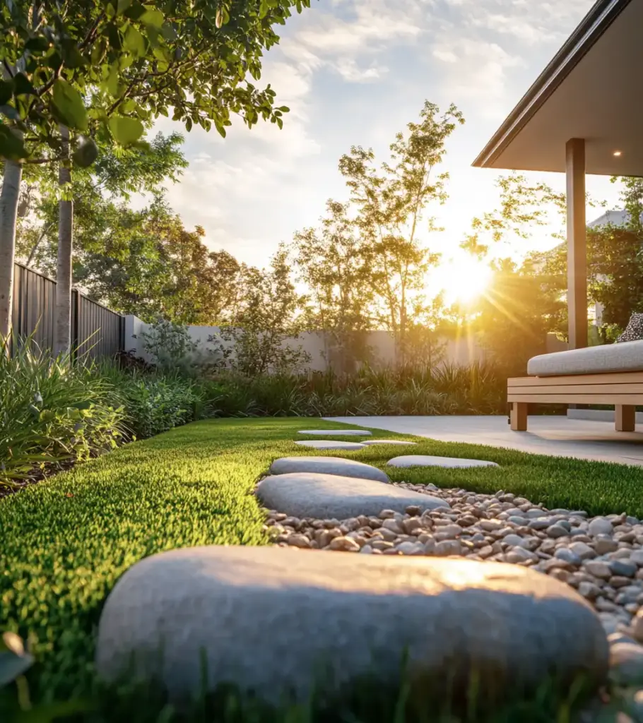 Sunset Garden with Bench and Water Feature