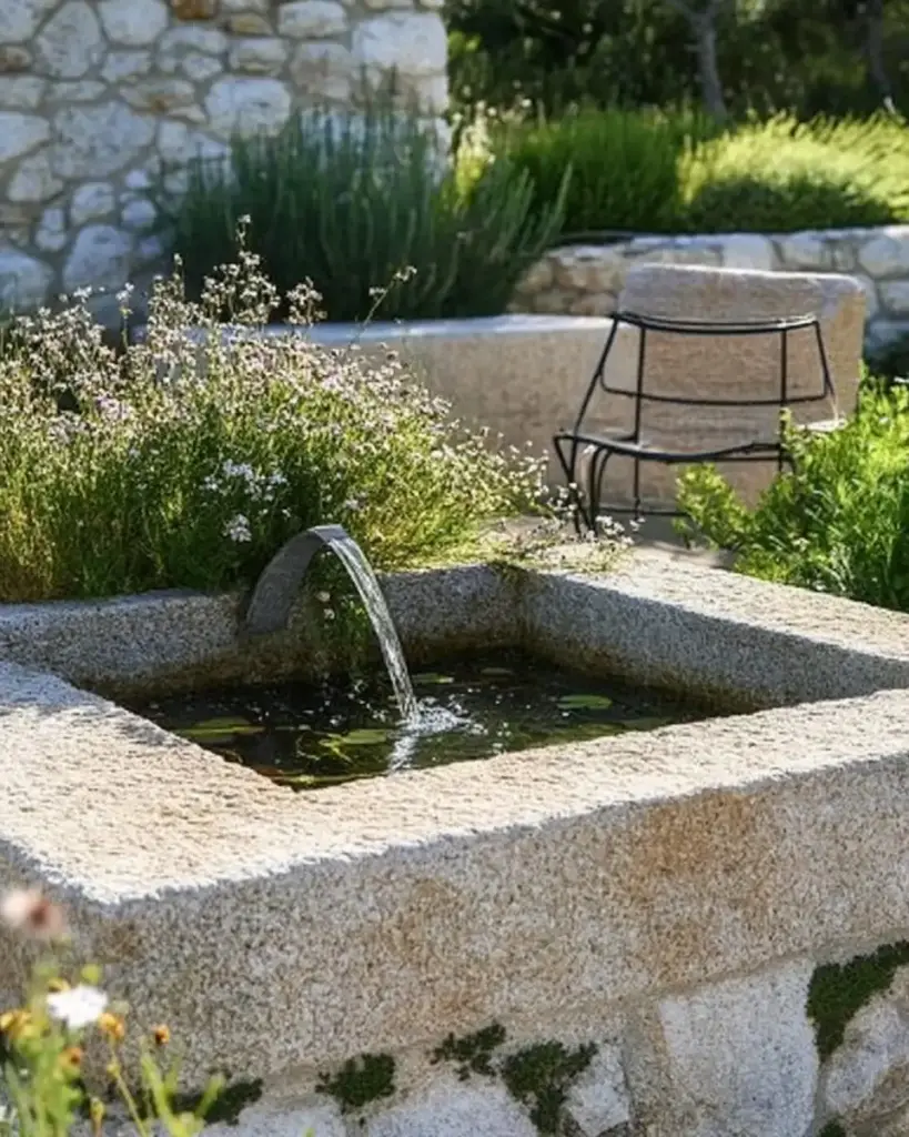 Mediterranean Stone Fountain with Wildflowers