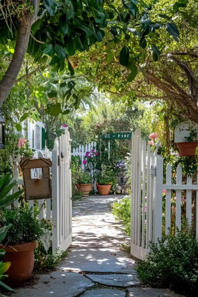 Charming Picket Fence Gate with a Welcoming Sign