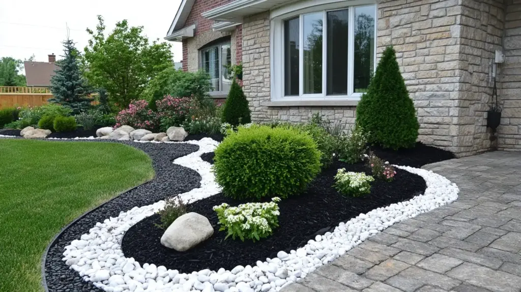 Modern Look with White River Rocks and Black Mulch