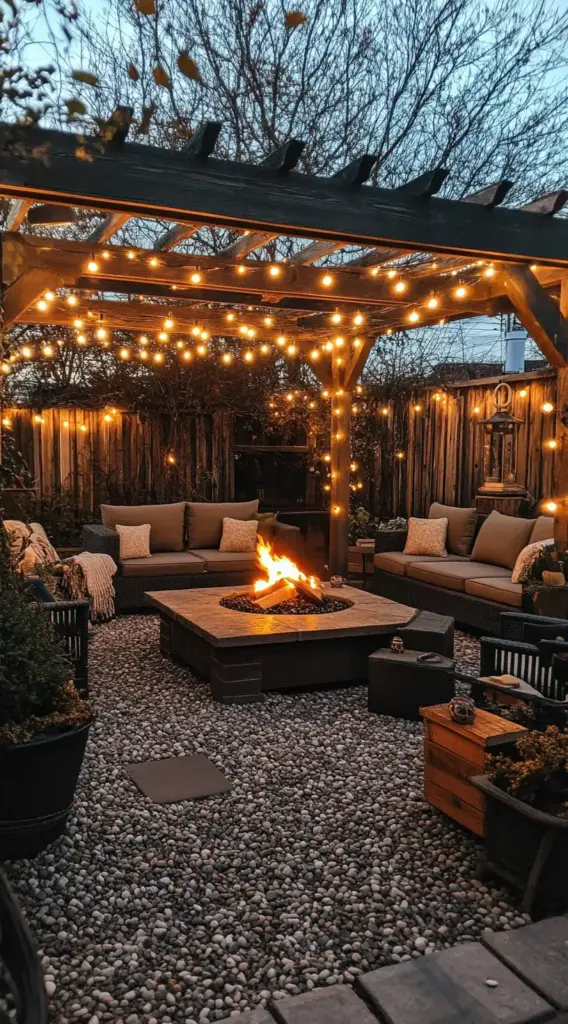 Pergola with Fairy Lights and Fire Pit