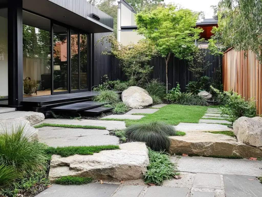 Minimalist Modern Patio with Rock Accents
