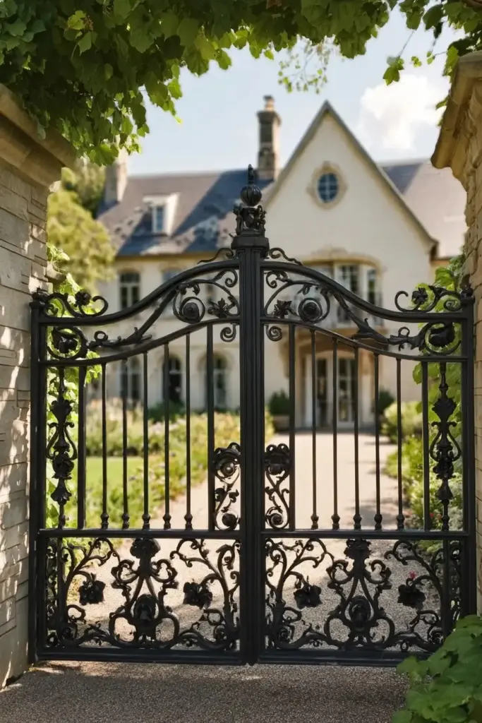 Elegant Black Metal Gate with Ornate Details