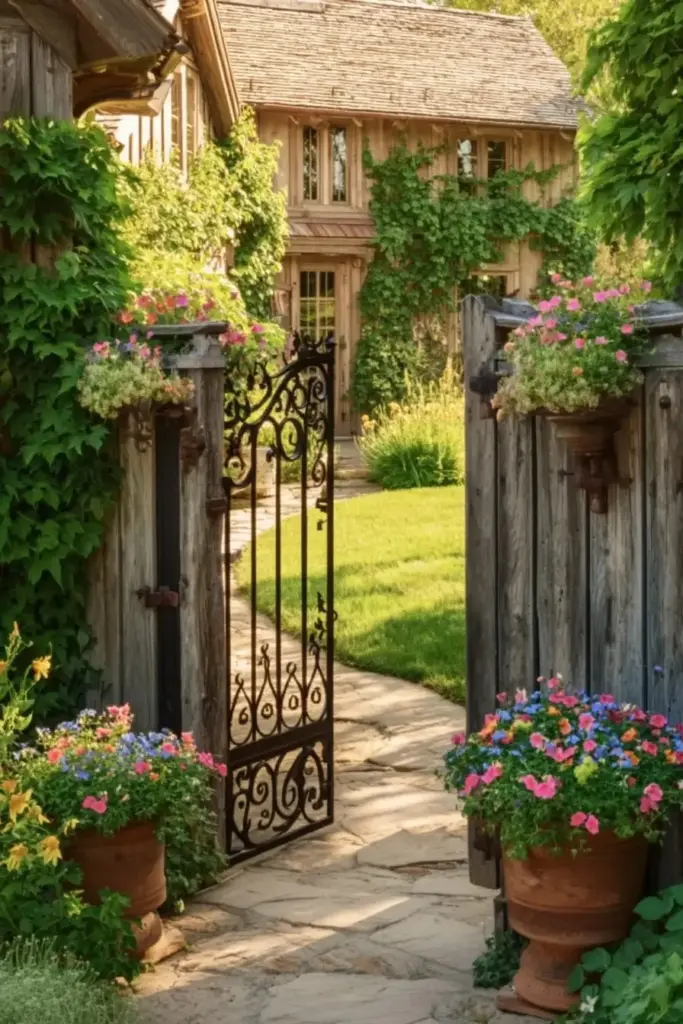 Country-Style Gate with Flanking Planters