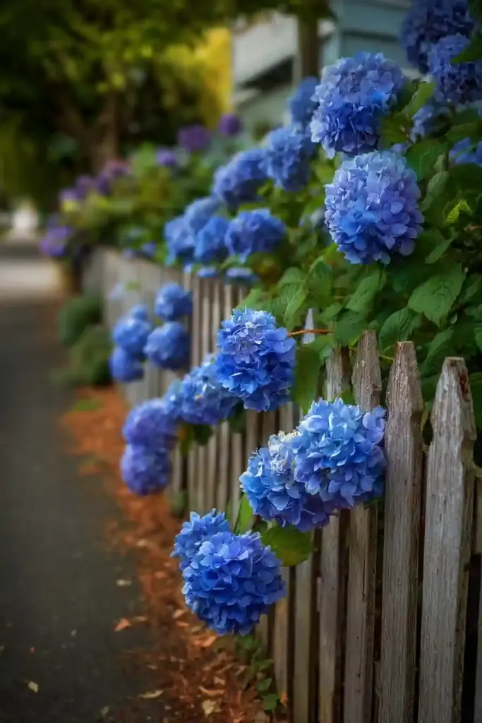 Hydrangeas Along a Fence Line