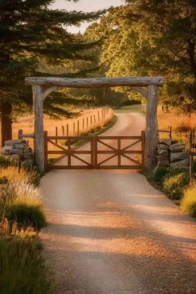 Rustic Wooden Gates With Overhead Beam Arch