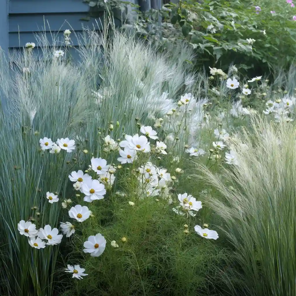 Serene White Flower and Grass Garden