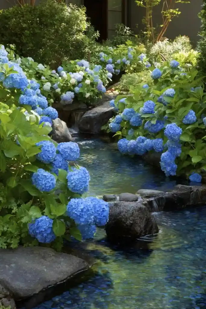 Hydrangeas Surrounding a Water Feature