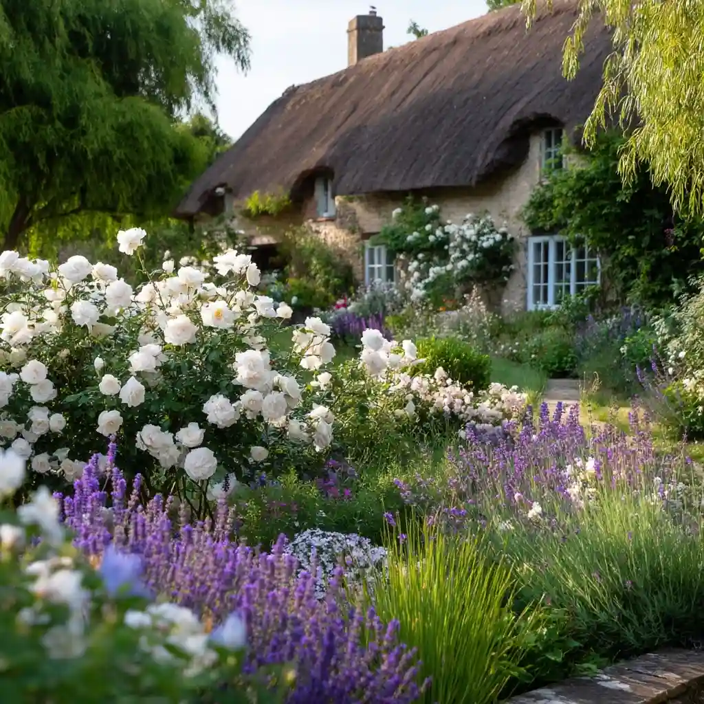 Serene White Floral Cottage Garden Design
