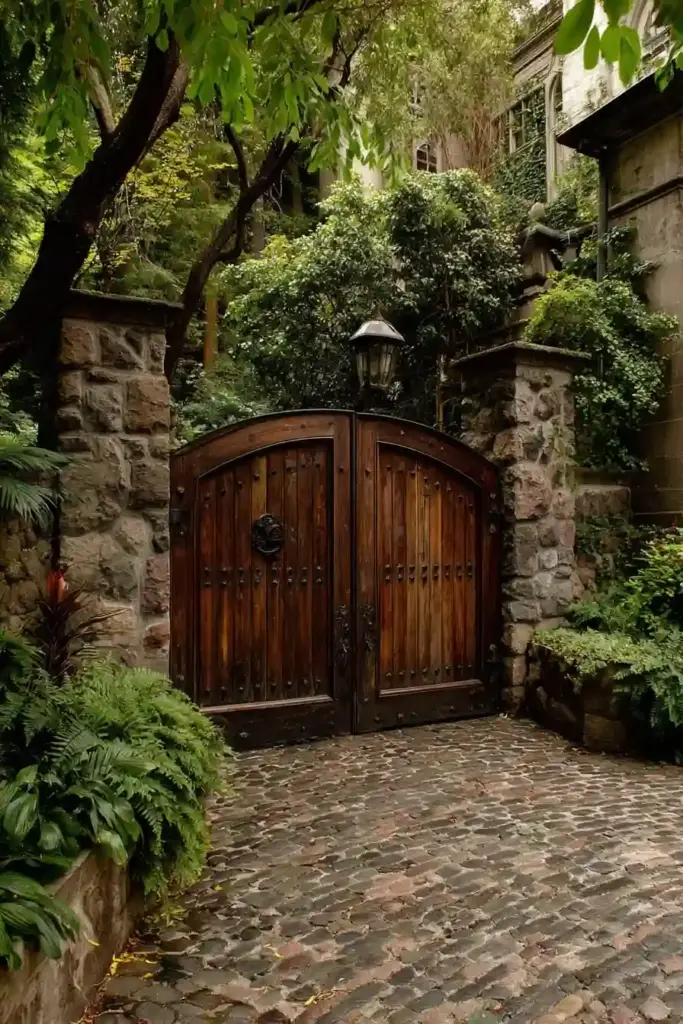 Arched Wooden Gates With Natural Stone Bordering