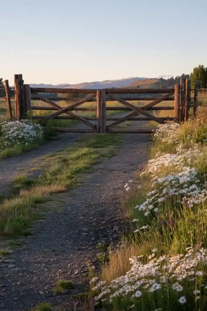 Weathered Wood Gates With Gravel Pathway