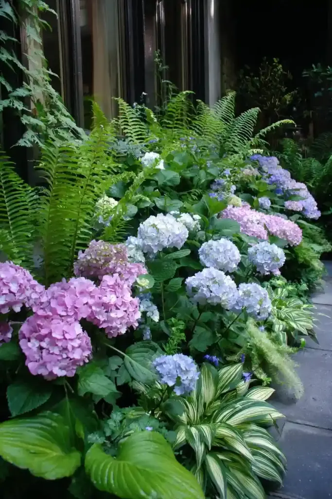 Hydrangeas Paired with Perennials like Hostas and Ferns