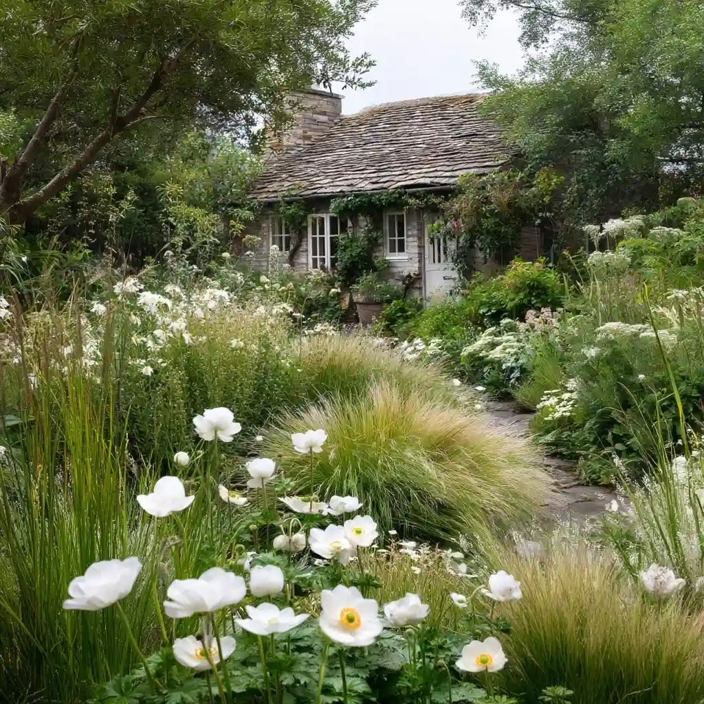Serene White Flower Cottage Garden
