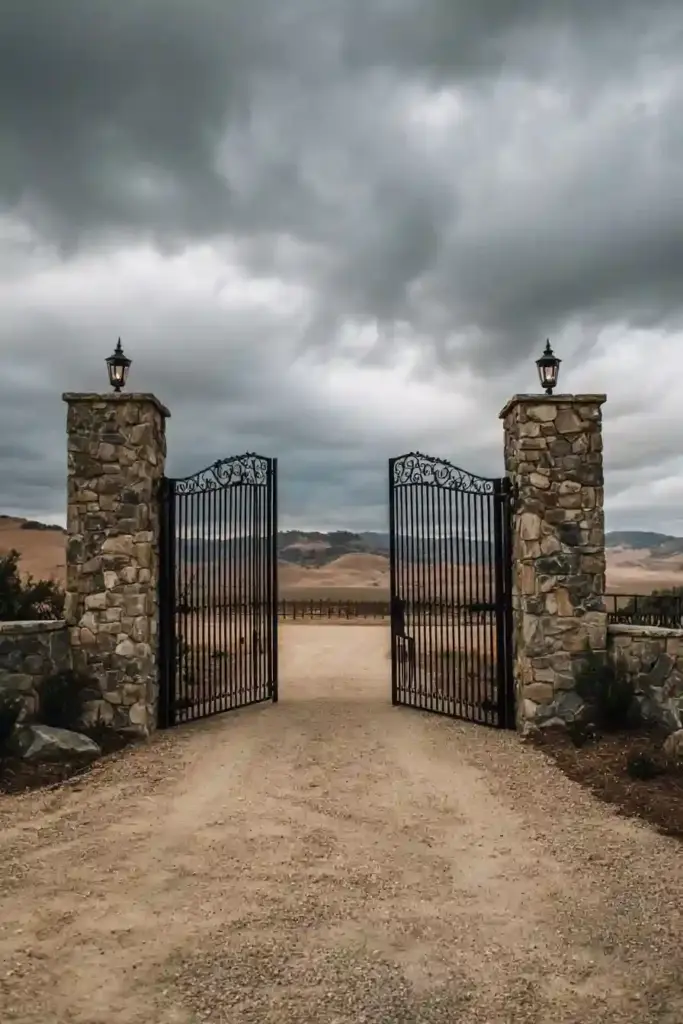 Black Iron Farm Gates With Rustic Stone Posts