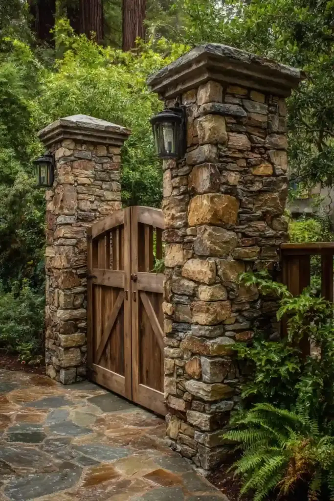 Natural Stone Columns and Wooden Swing Gates