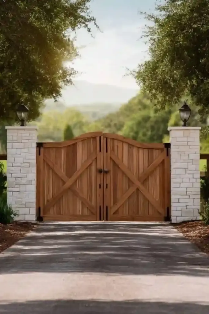 Cedar Plank Gates With White Stone Pillars