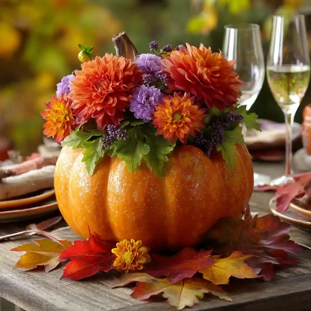 Classic Carved Pumpkin Vase with Mums & Dahlias