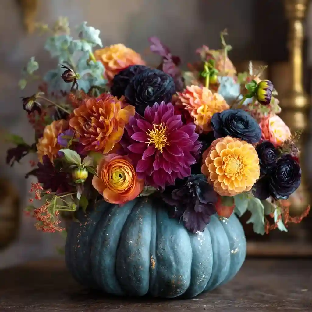 Blue/Green Heirloom Pumpkin with Jewel-Tone Blooms