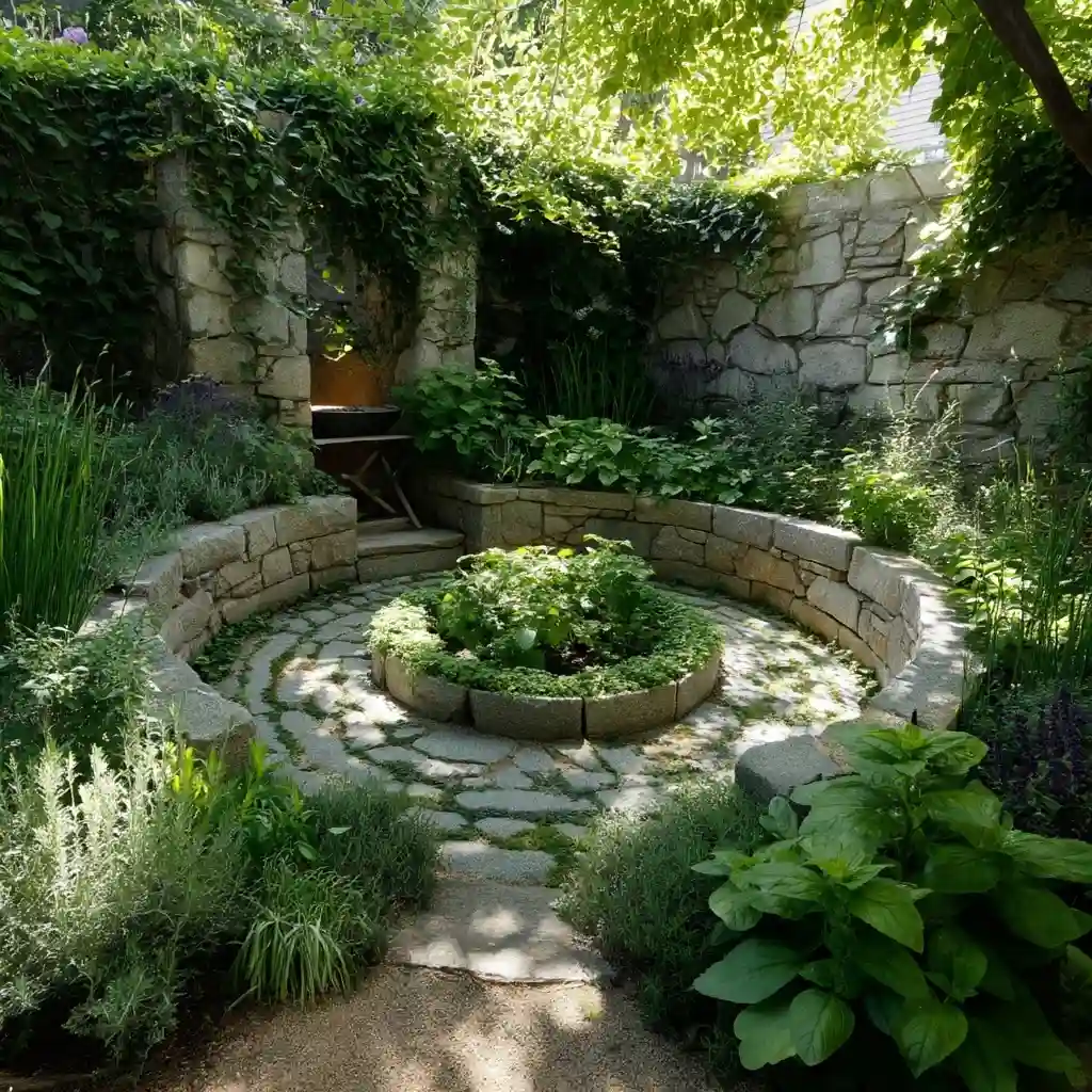 Circular Herb Spiral in the Center of a Sun-Dappled Courtyard