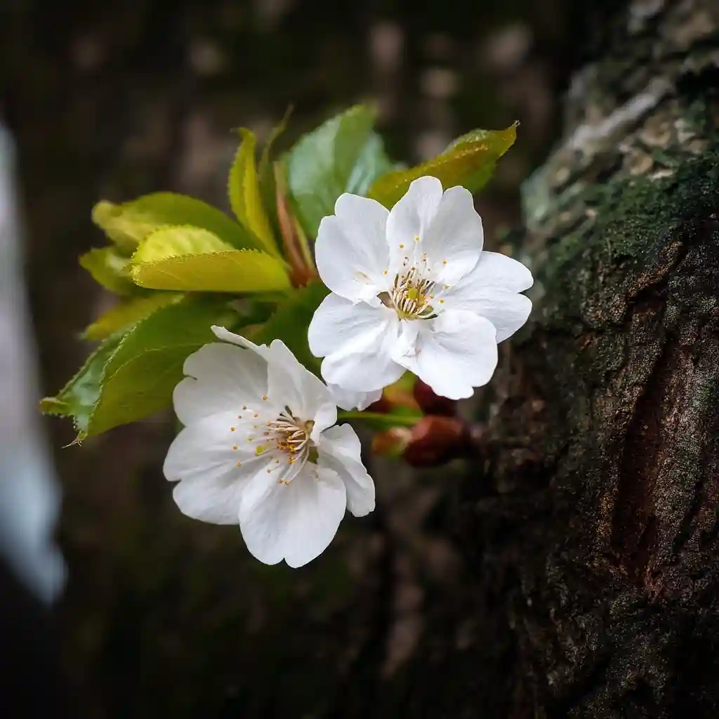 Contrasting Colors: White Cherry Blossoms