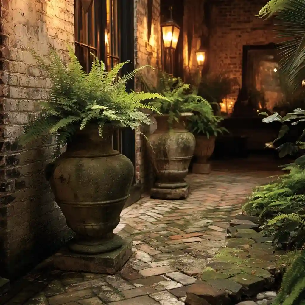 Vintage-Inspired Courtyard with Antique Urns, Weathered Brick, and Ferns