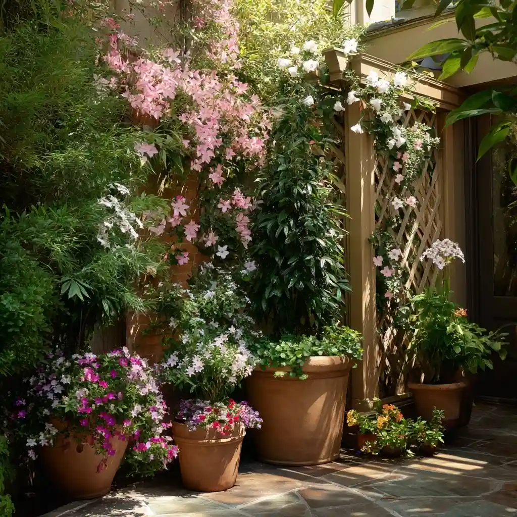 Corner Landscaping with Pots and Climbers