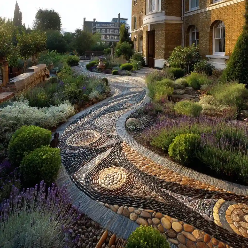 Artistic Pebble Mosaic Walkways Weaving Through Aromatic Planting