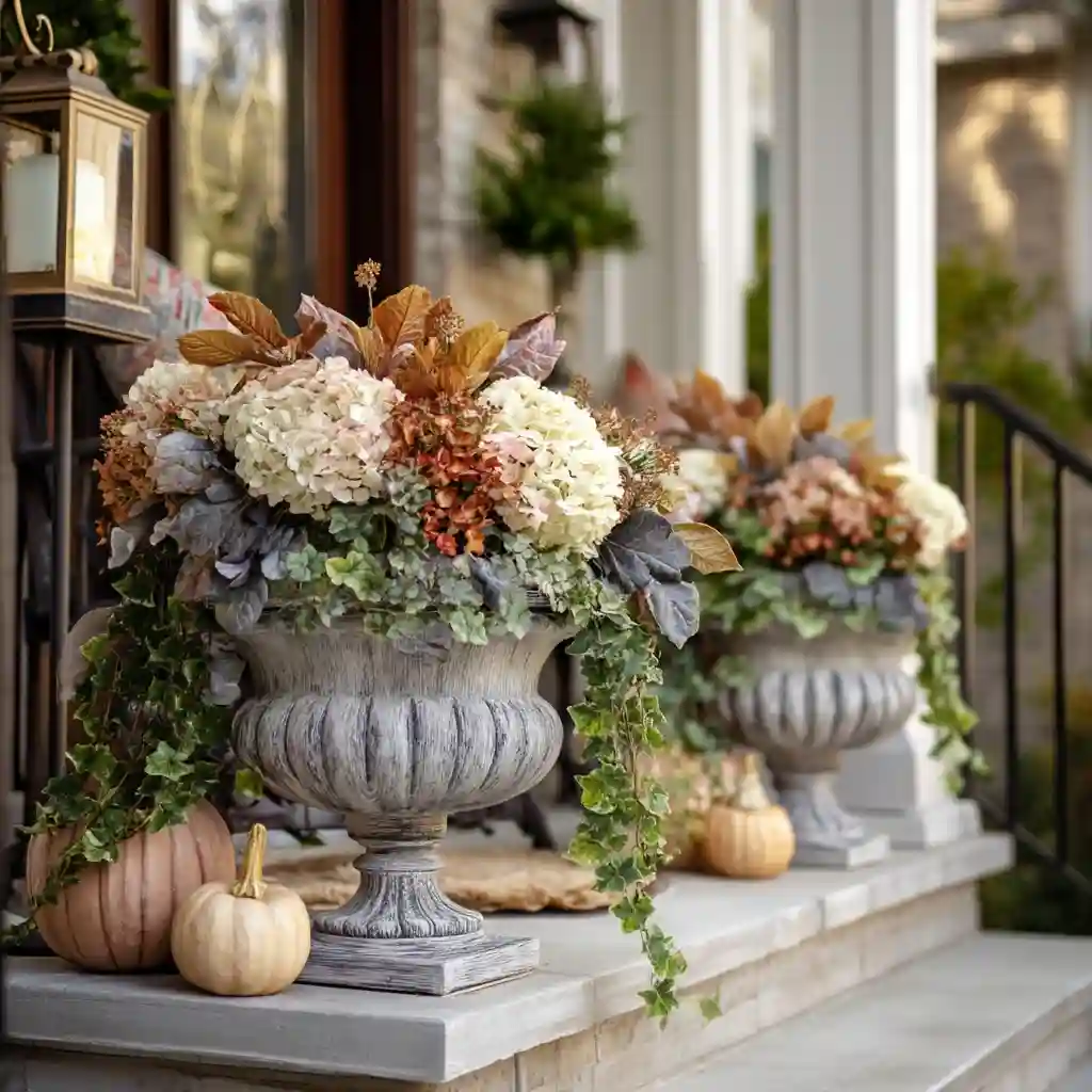 Porch Urns: Pumpkins with Trailing Ivy & Hydrangea