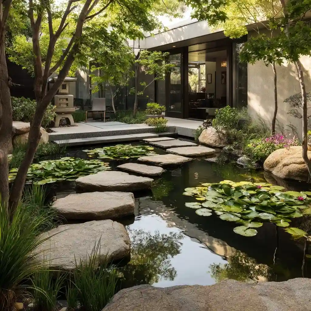 Courtyard Pond with Floating Lilies and Sculptural Stepping Stones