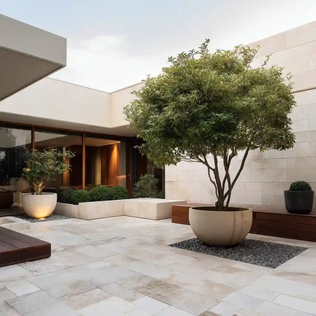 Minimalist Stone Courtyard with Oversized Planters and a Single Statement Tree