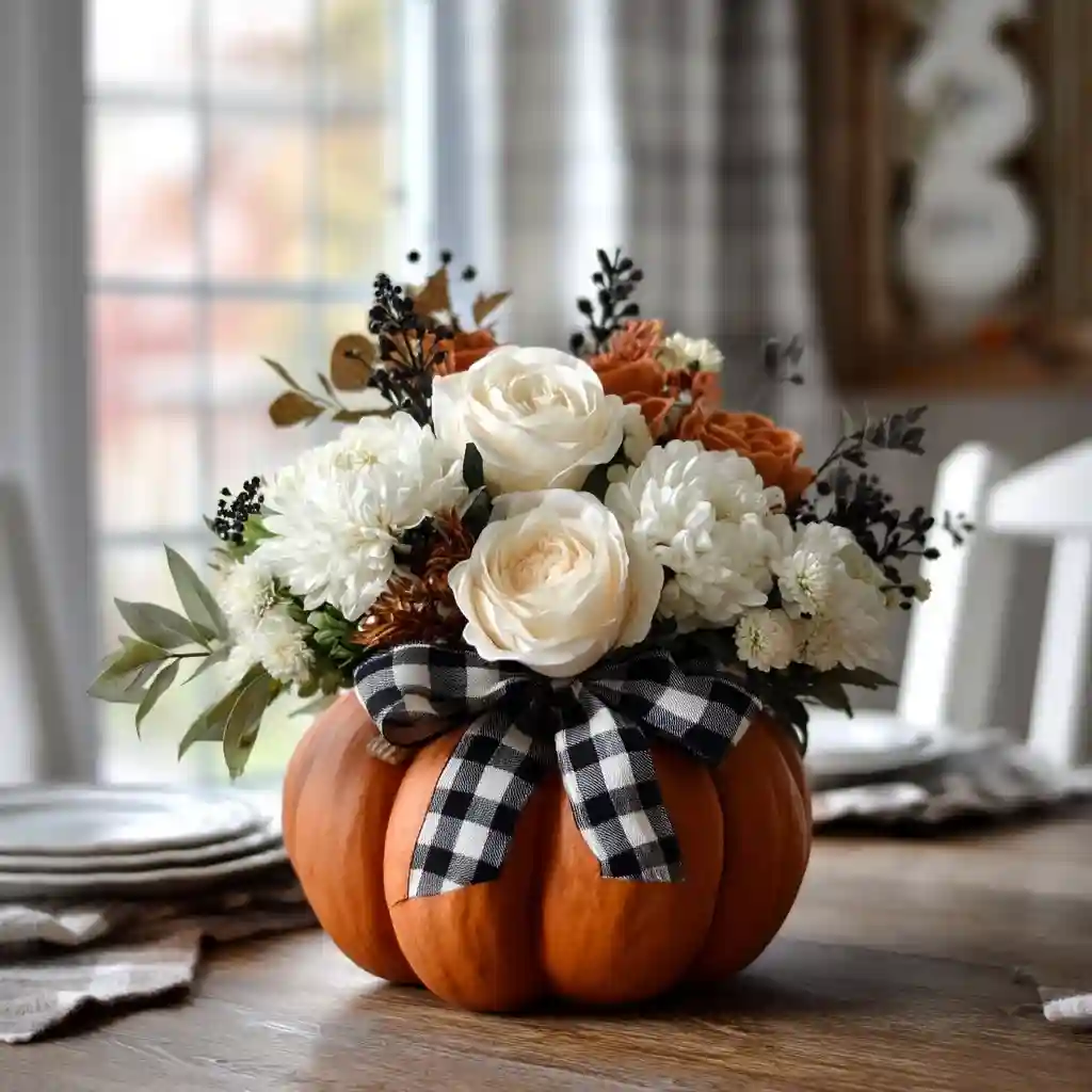 Buffalo-Check Ribbon Pumpkin Bouquet