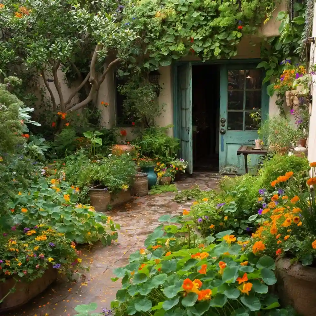Cottage-Style Courtyard Bursting with Edible Flowers and Salad Greens