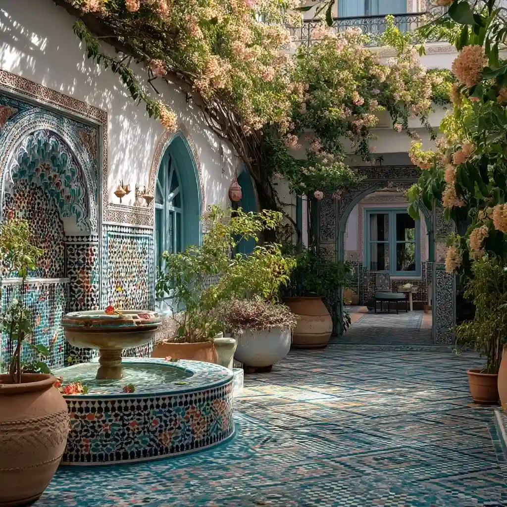 Moroccan Courtyard with Patterned Tile Fountain and Trailing Jasmine