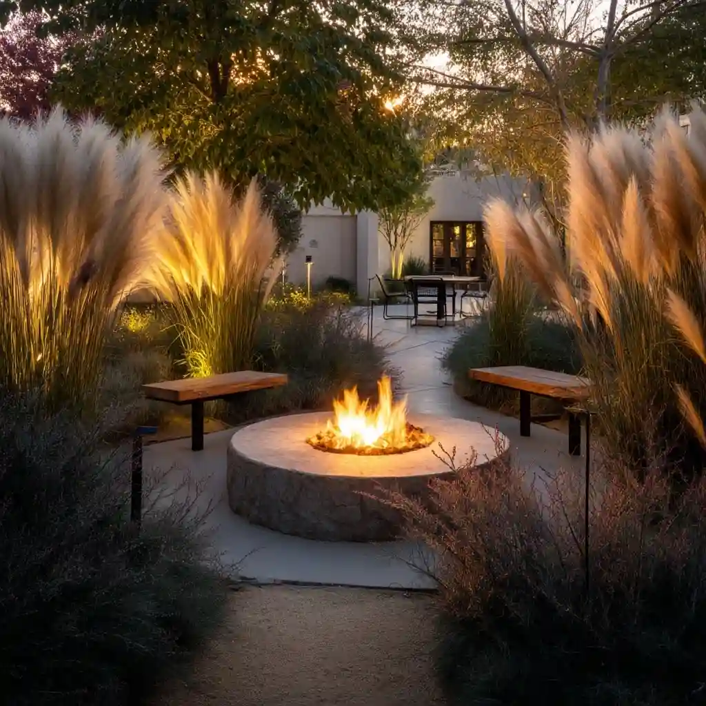 Courtyard with Cozy Fire Pit Surrounded by Lush Grasses and Low Lighting
