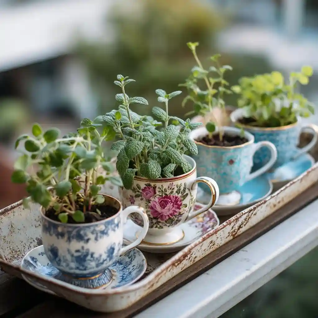 Kitchen Herbs in Tea Cups