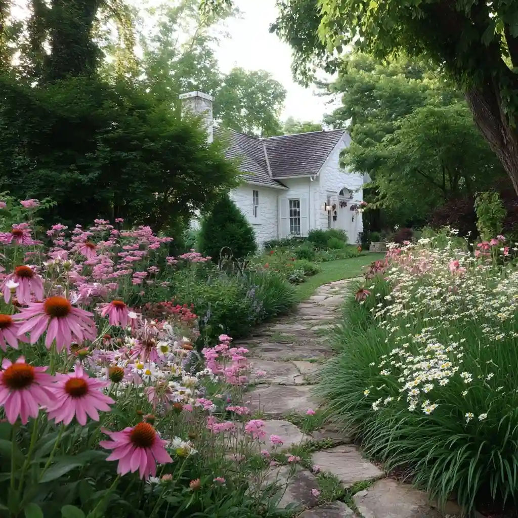 Pink and White Flowers in a Garden