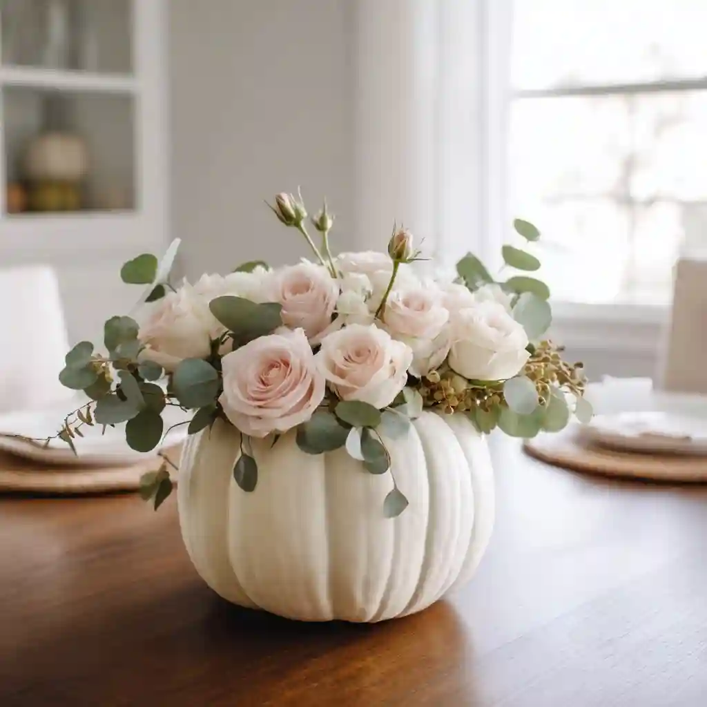 White Pumpkin Centerpiece with Eucalyptus & Roses