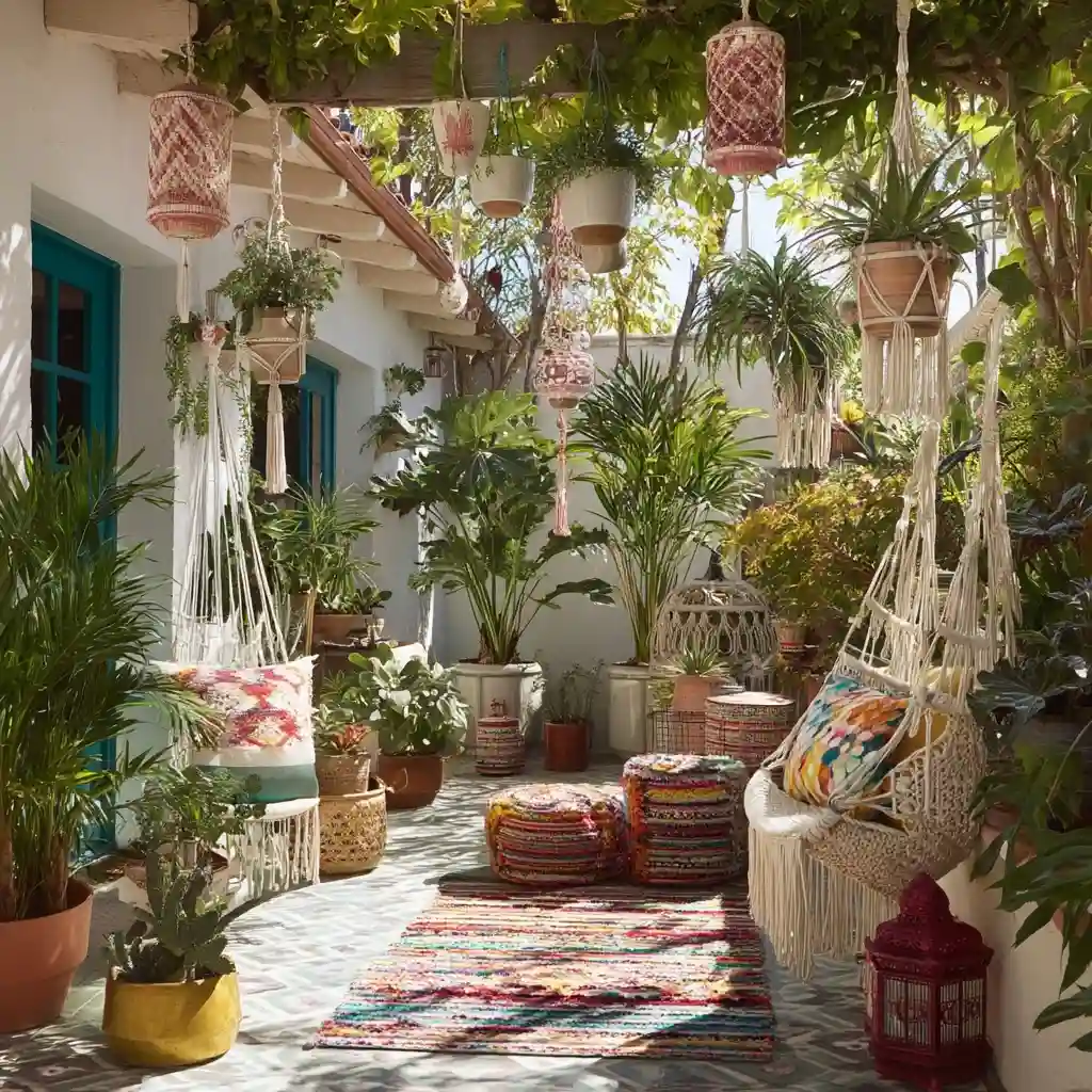 Bohemian Hideaway with Macramé Plant Hangers and Potted Tropicals