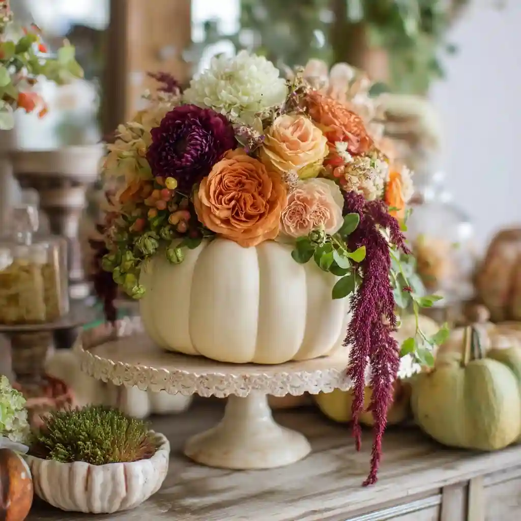 Pumpkin on Cake Stand with Cascading Florals