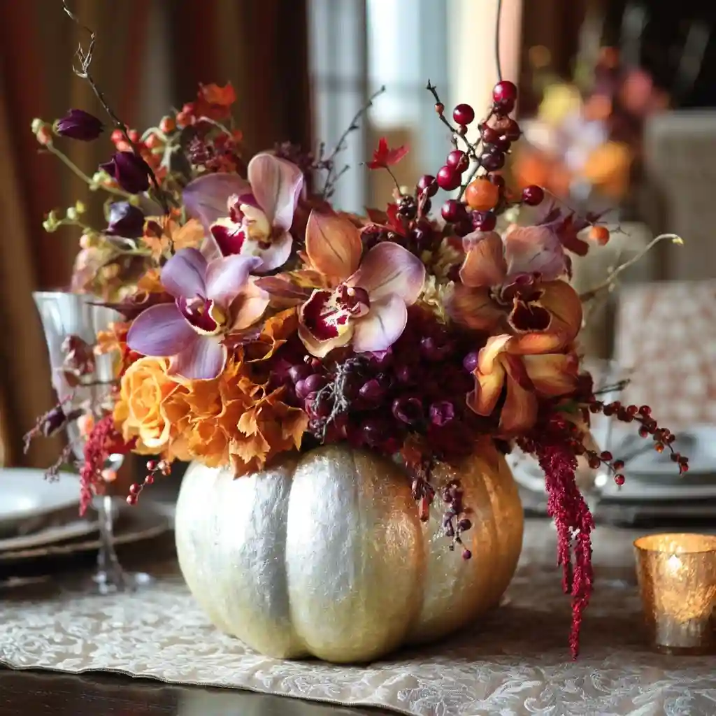 Metallic-Accented Pumpkin with Orchids & Berries