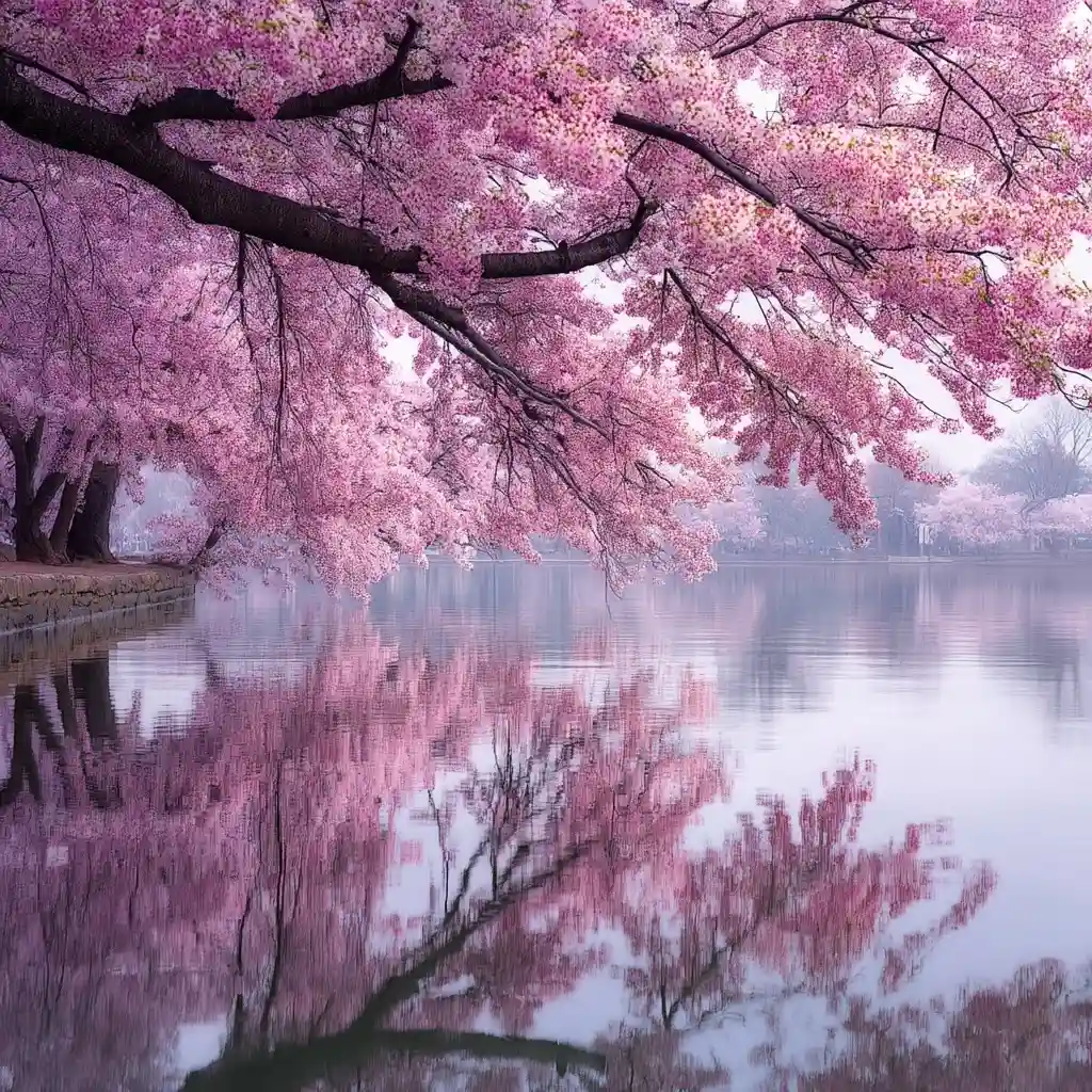 Waterside Serenity: Cherry Blossom Reflections