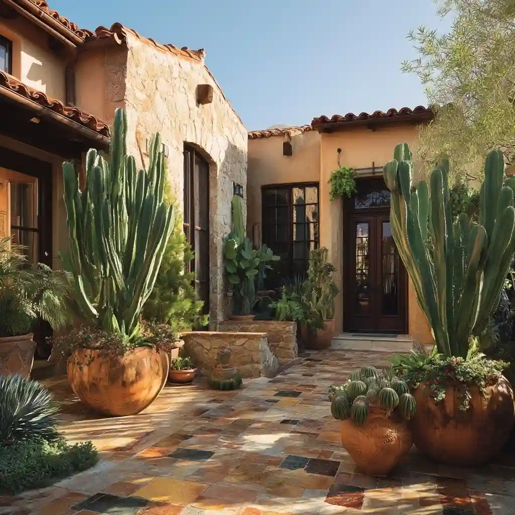 Sculptural Cactus Courtyard Paired with Patterned Terracotta Tile Flooring