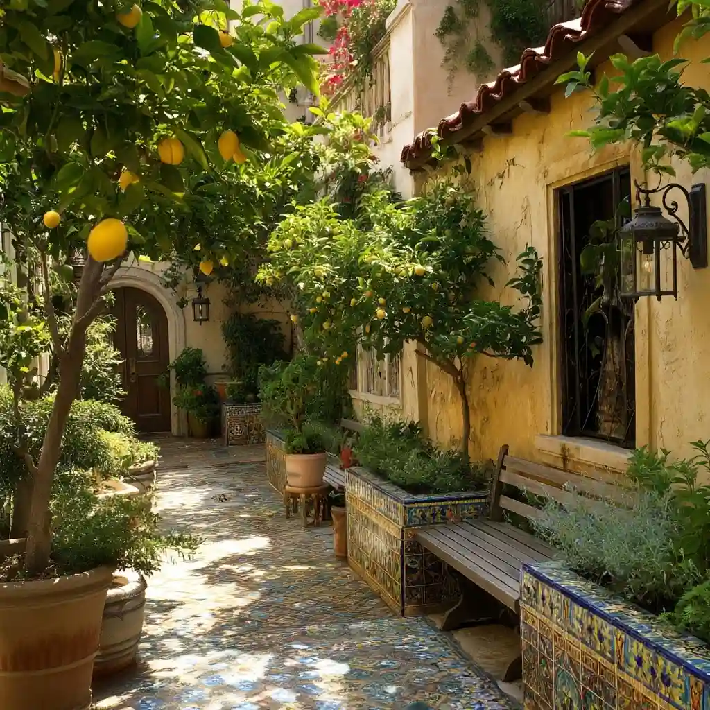 Mediterranean Courtyard with Lemon Trees, Lavender Borders, and Mosaic Benches