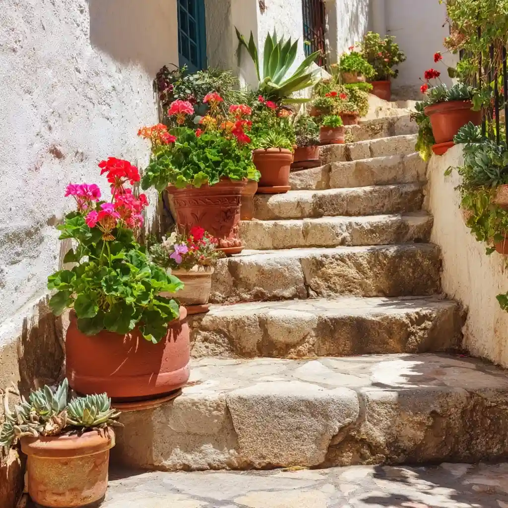 Potted Plants on Sunny Steps