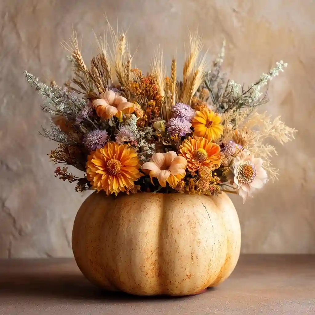 Dried Wheat & Aster Pumpkin Arrangement