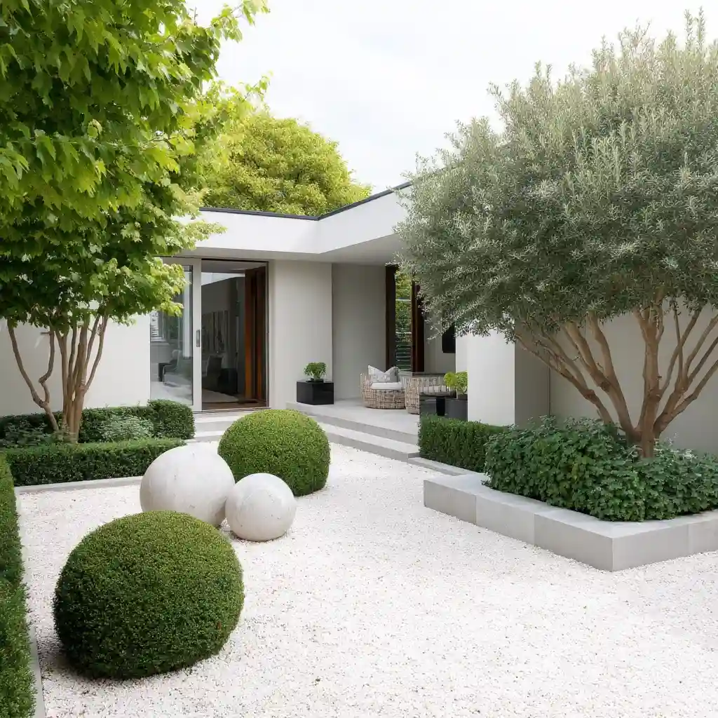 Modern Geometric Garden Beds with Crisp White Gravel and Boxwood Spheres