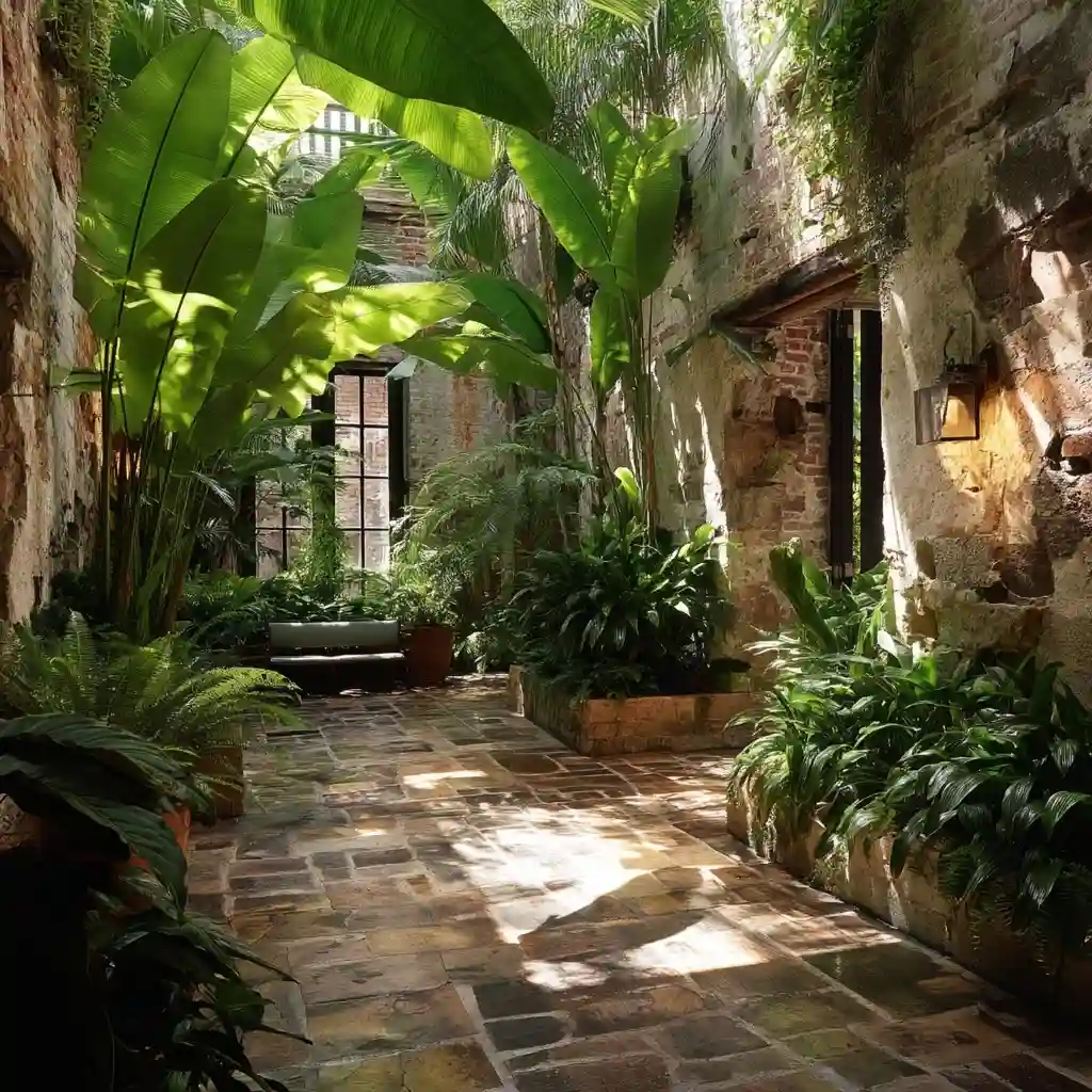 Lush Tropical Courtyard Featuring Banana Palms and Dramatic Shadow Play