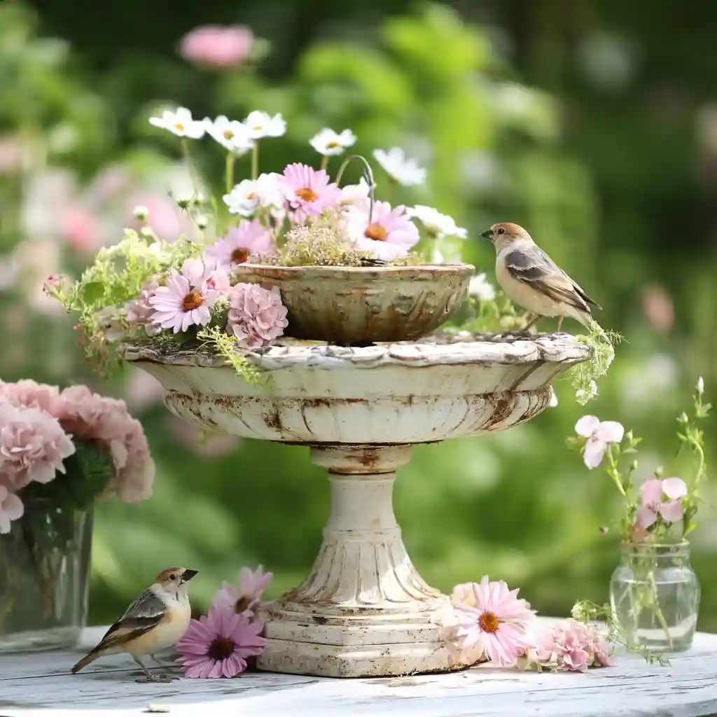 3. DIY Birdbath from a Vintage Lamp
