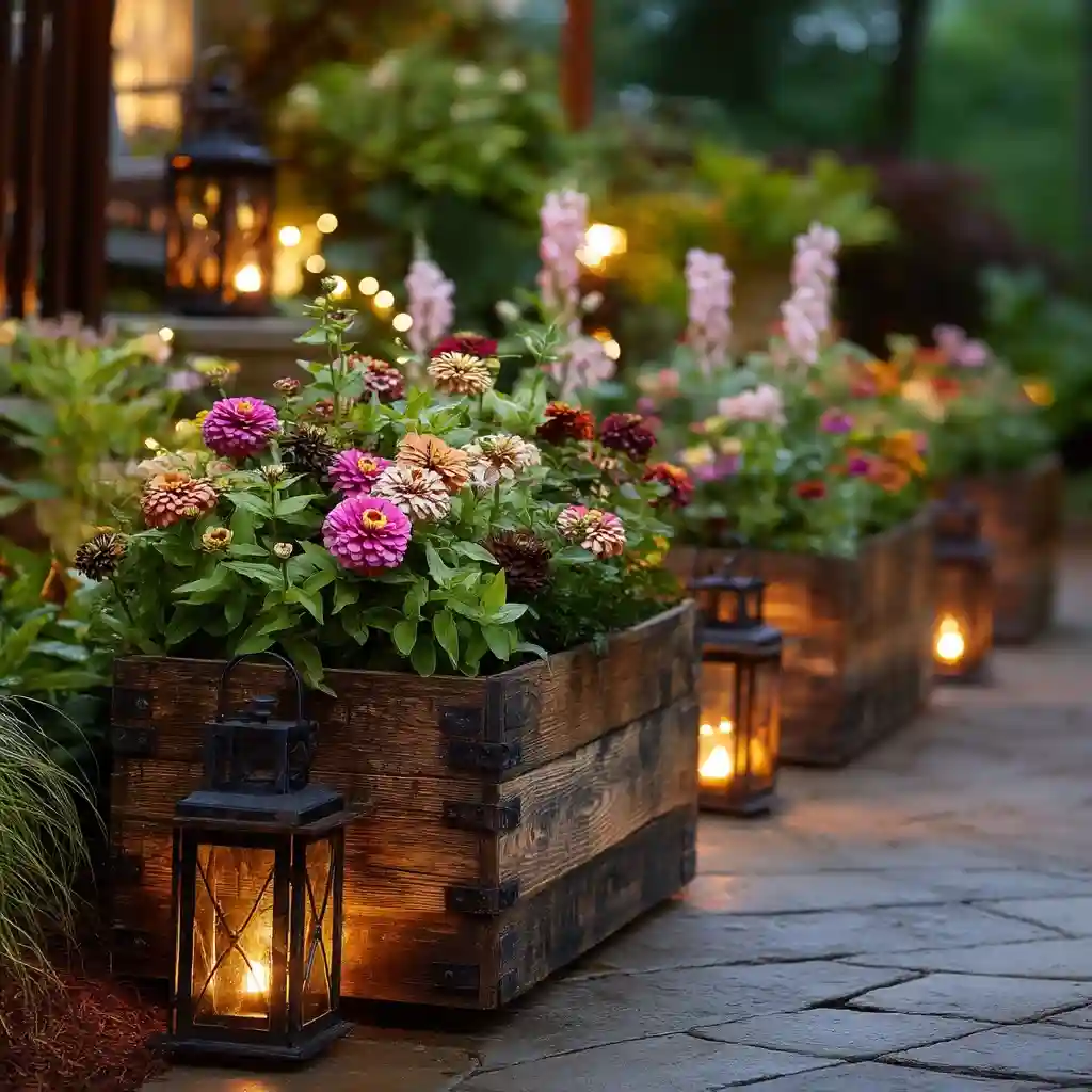  Rustic Planter Box with Lantern Glow